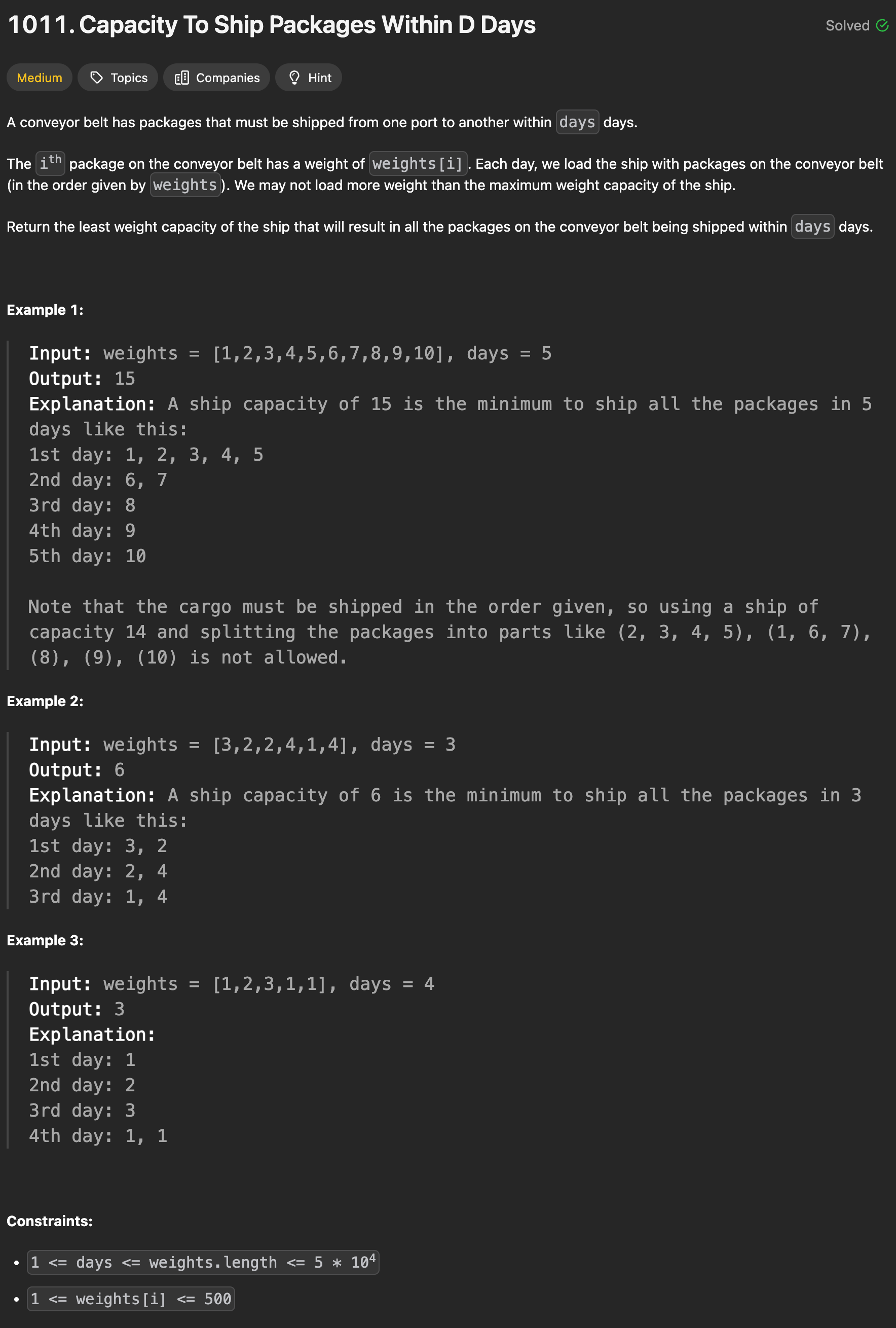 https://leetcode.com/problems/capacity-to-ship-packages-within-d-days