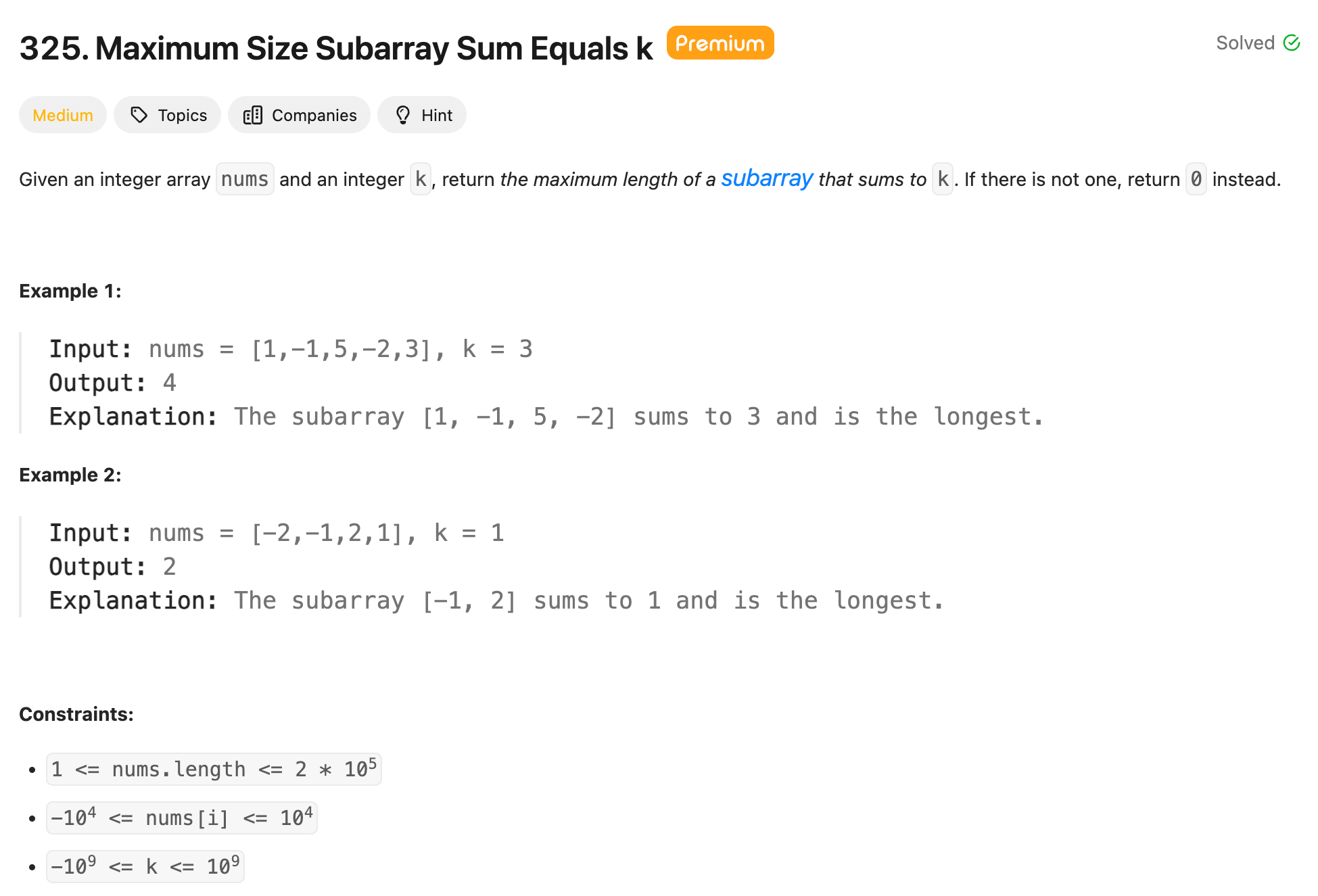 https://leetcode.com/problems/maximum-size-subarray-sum-equals-k